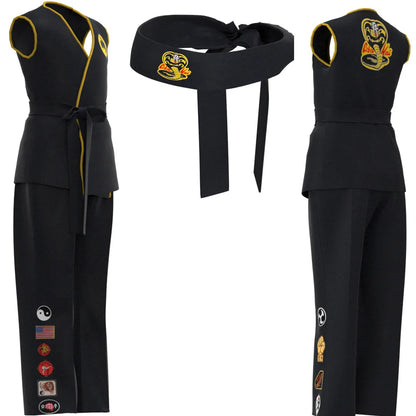 Karate Kids Cosplay Costume Black/White Uniform with Headband Anime Halloween Party Tracksuit
