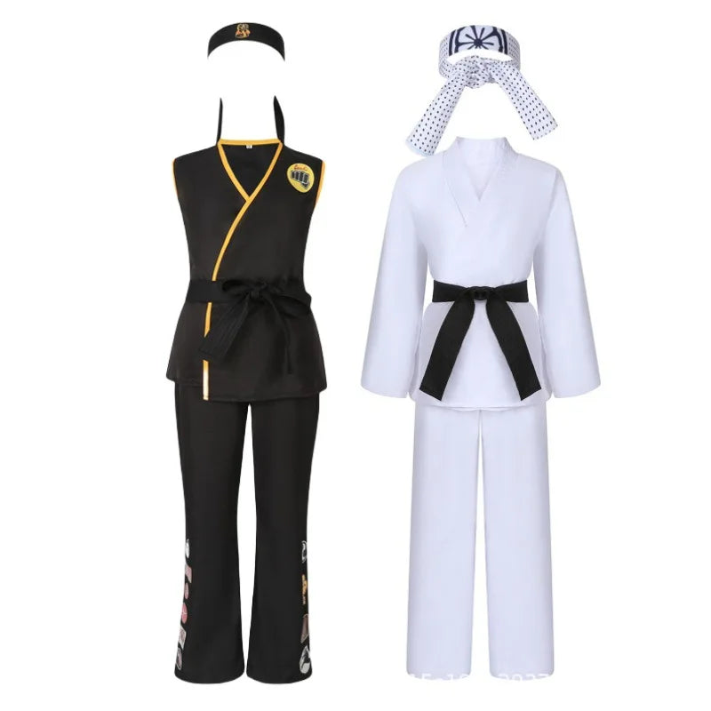 The Karate Kids Cosplay Costume Black White Kimono Uniform Headband Halloween Party Suit Tracksuit