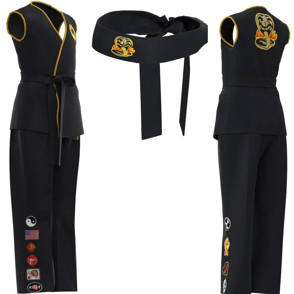 Karate Kids Cosplay Costume Black/White Uniform with Headband Anime Halloween Party Tracksuit