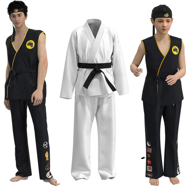 Karate Kids Cosplay Costume Black/White Uniform with Headband Anime Halloween Party Tracksuit